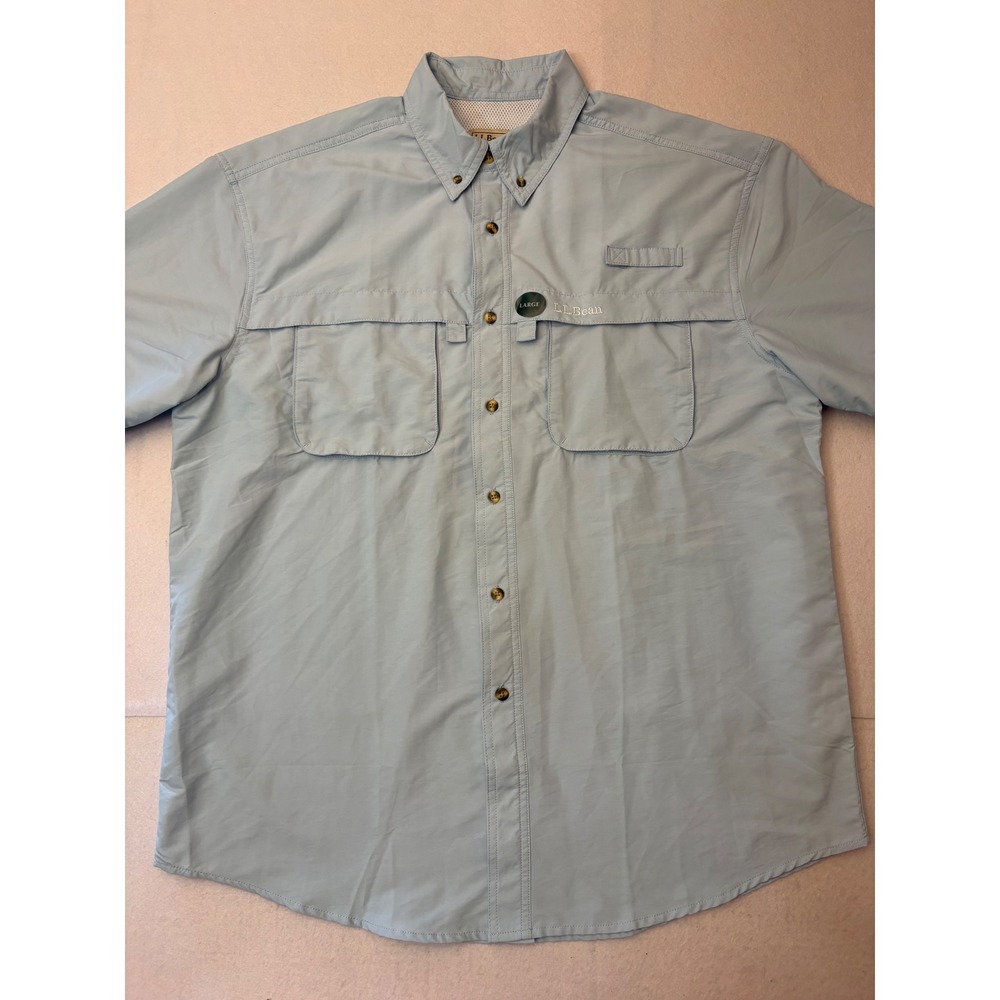 LL Bean Mens SunSmart UPF 50 Fishing Shirt Light Blue Short Sleeve Large 210253